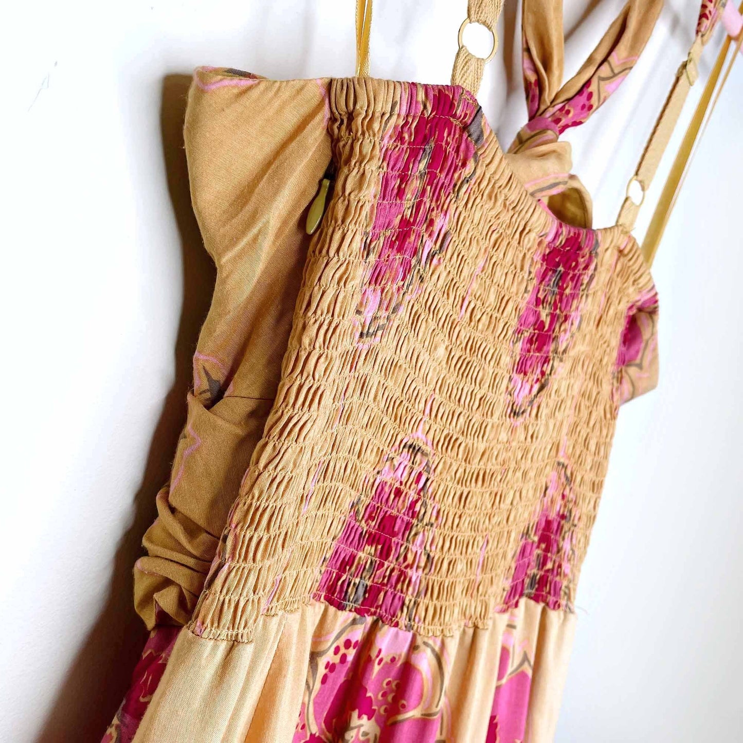 free people boho festival yellow floral halter silk dress - size 6