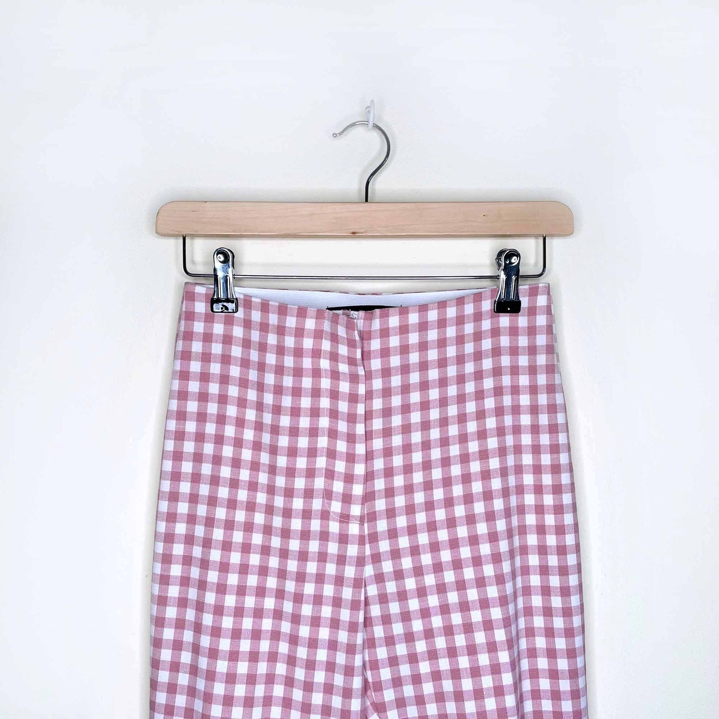zara pink gingham plaid high rise flared trousers - size xs