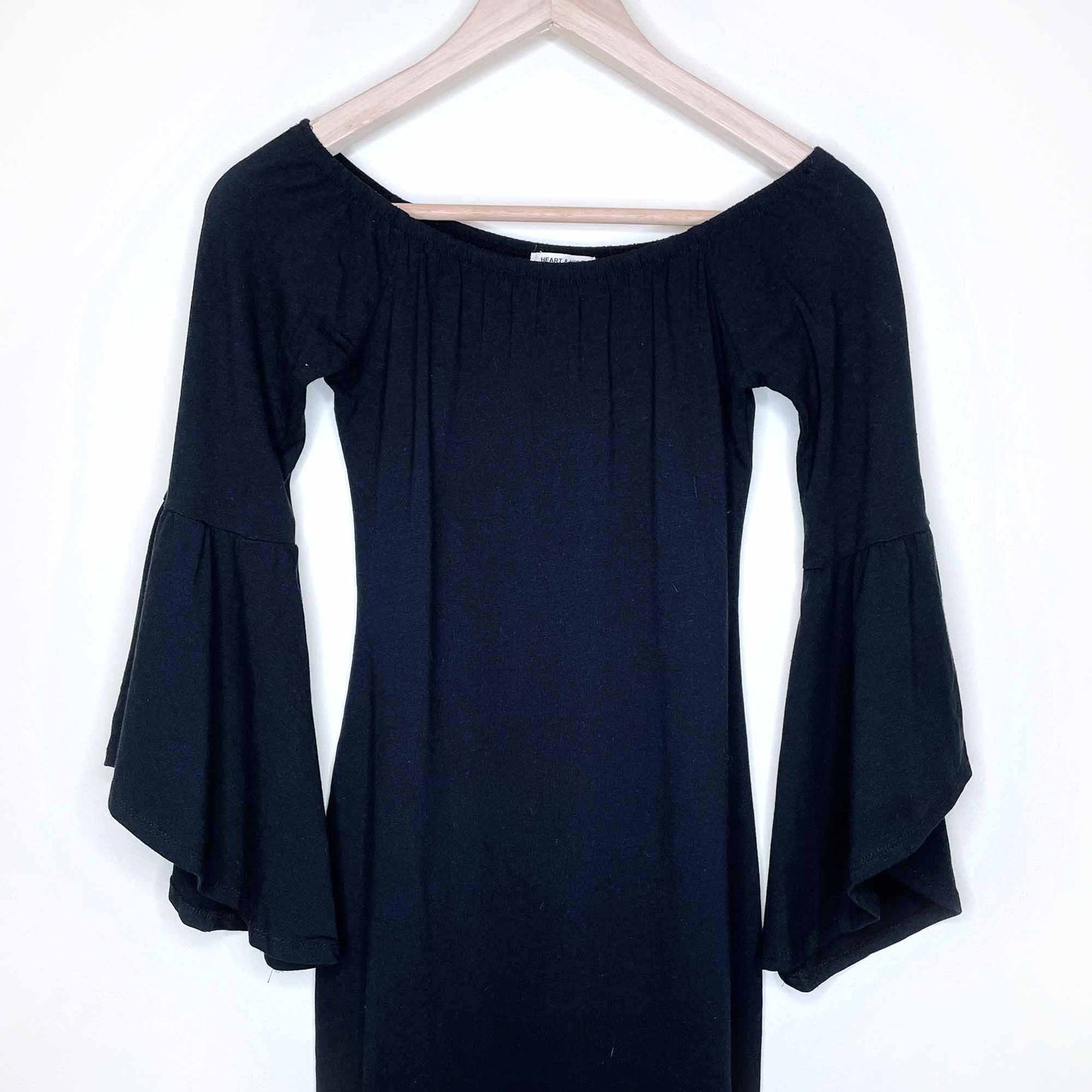 hearts & hips black off shoulder jersey dress with bell sleeves - size medium