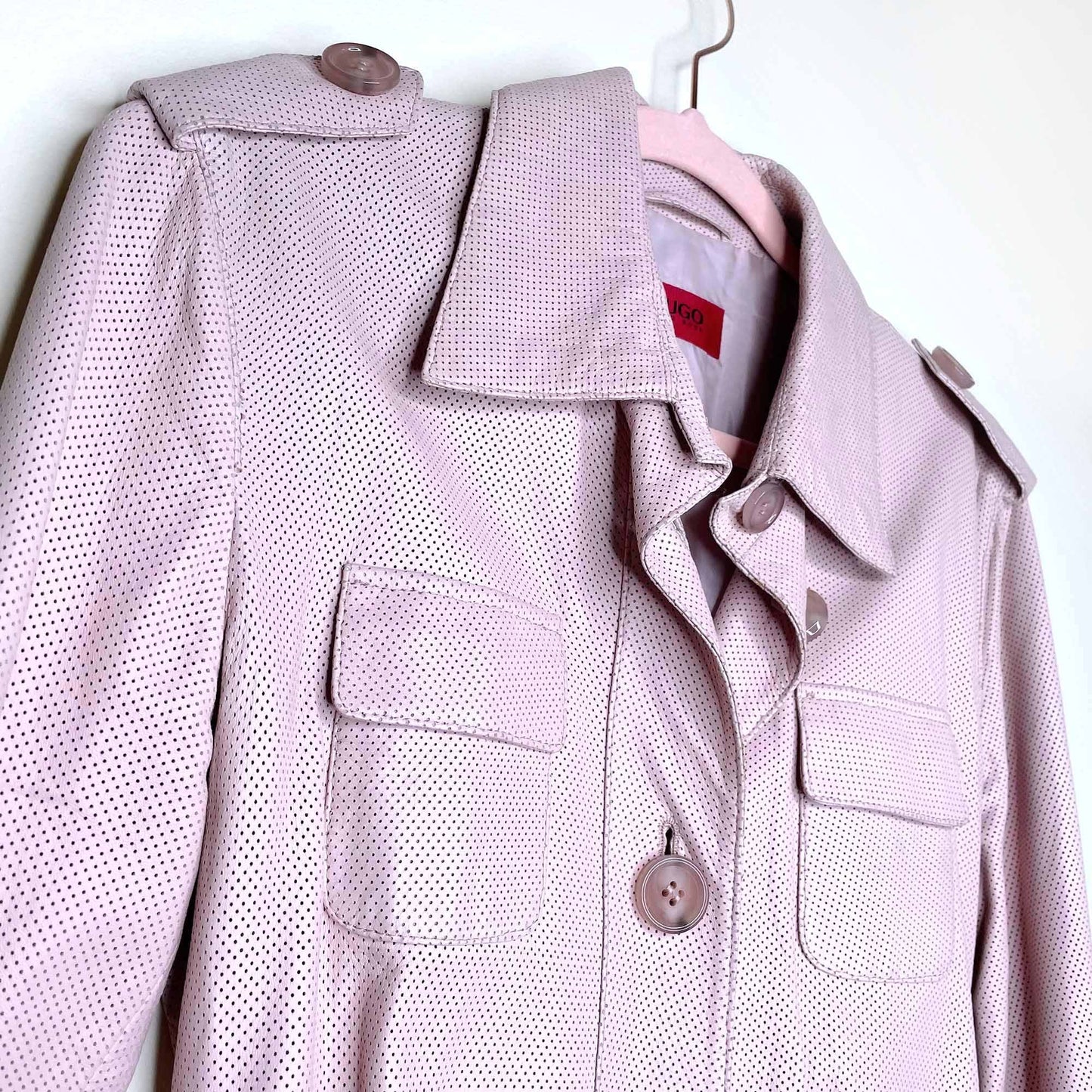 hugo boss pink perforated leather trench coat - size xs