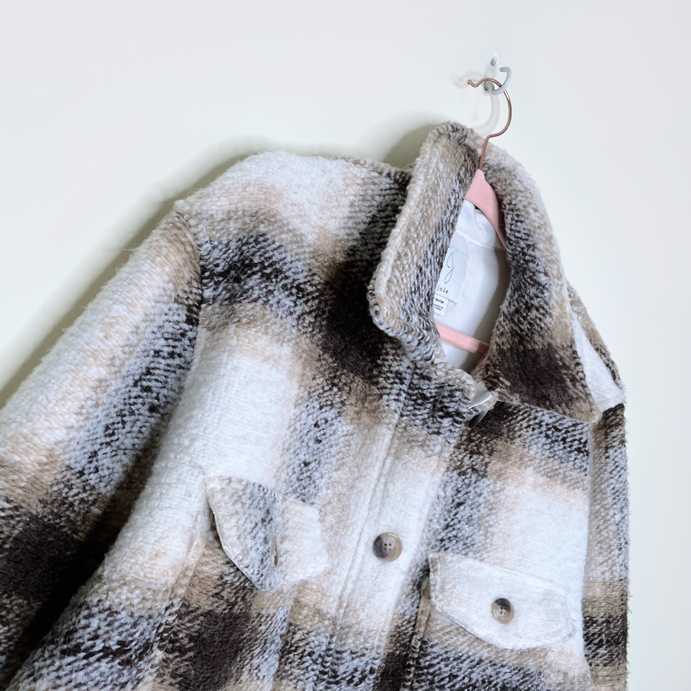 joie windowpane plaid woven long shirt jacket - size medium