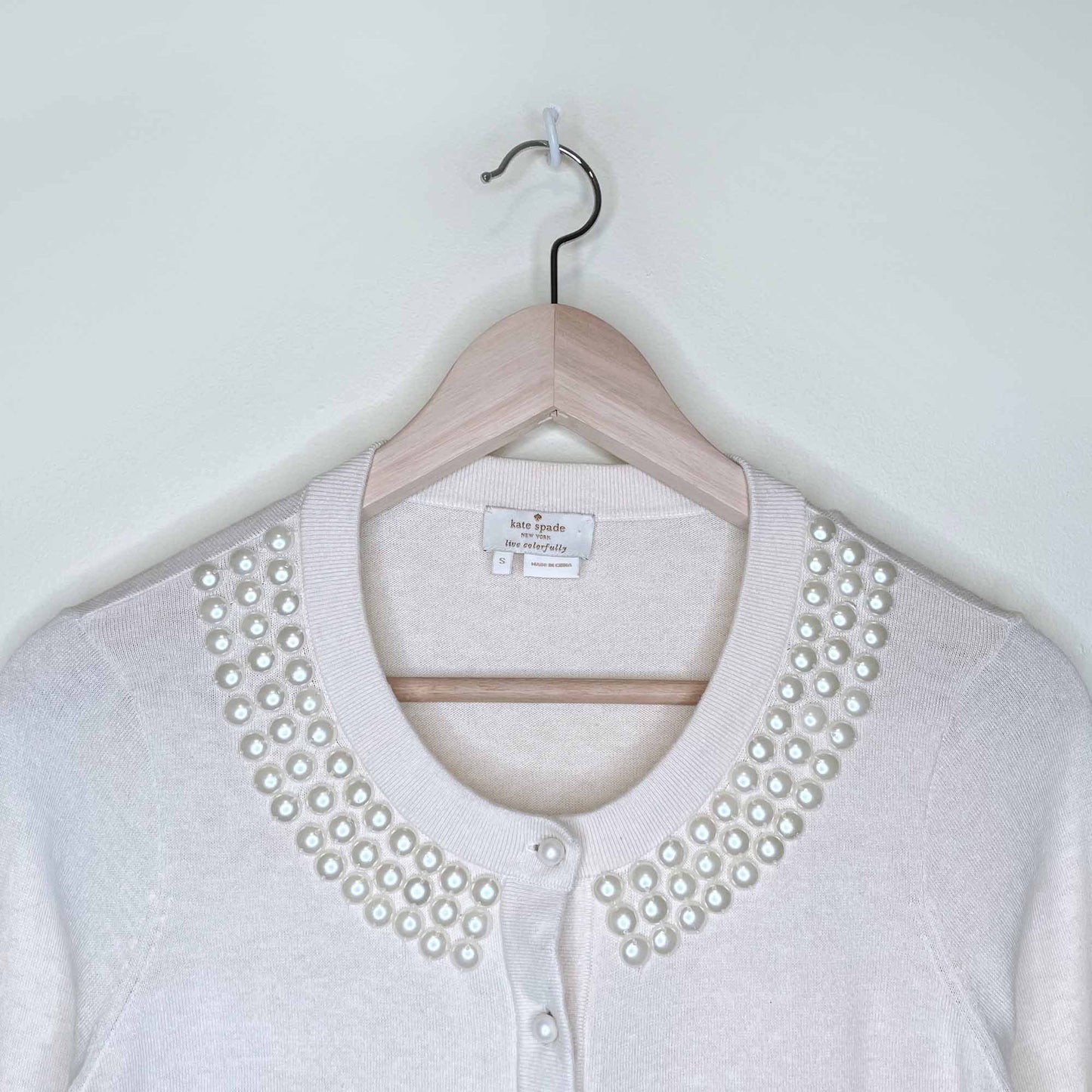 kate spade tula pearl embellished cotton-silk-cashmere cardigan - size small