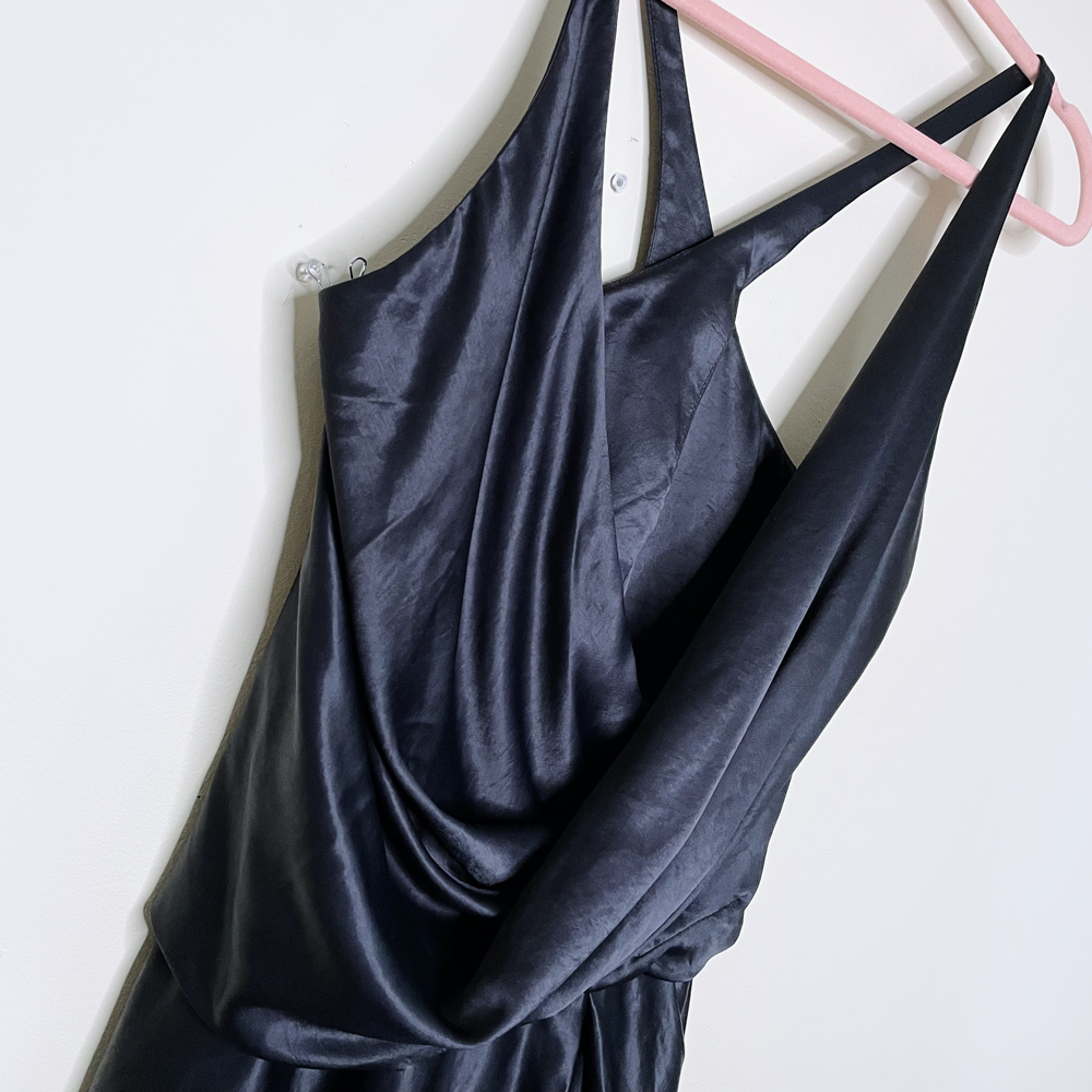 helmut lang black satin draped cowl neck cross strap mini dress - size 4