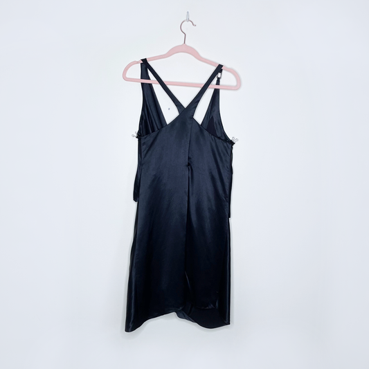 helmut lang black satin draped cowl neck cross strap mini dress - size 4