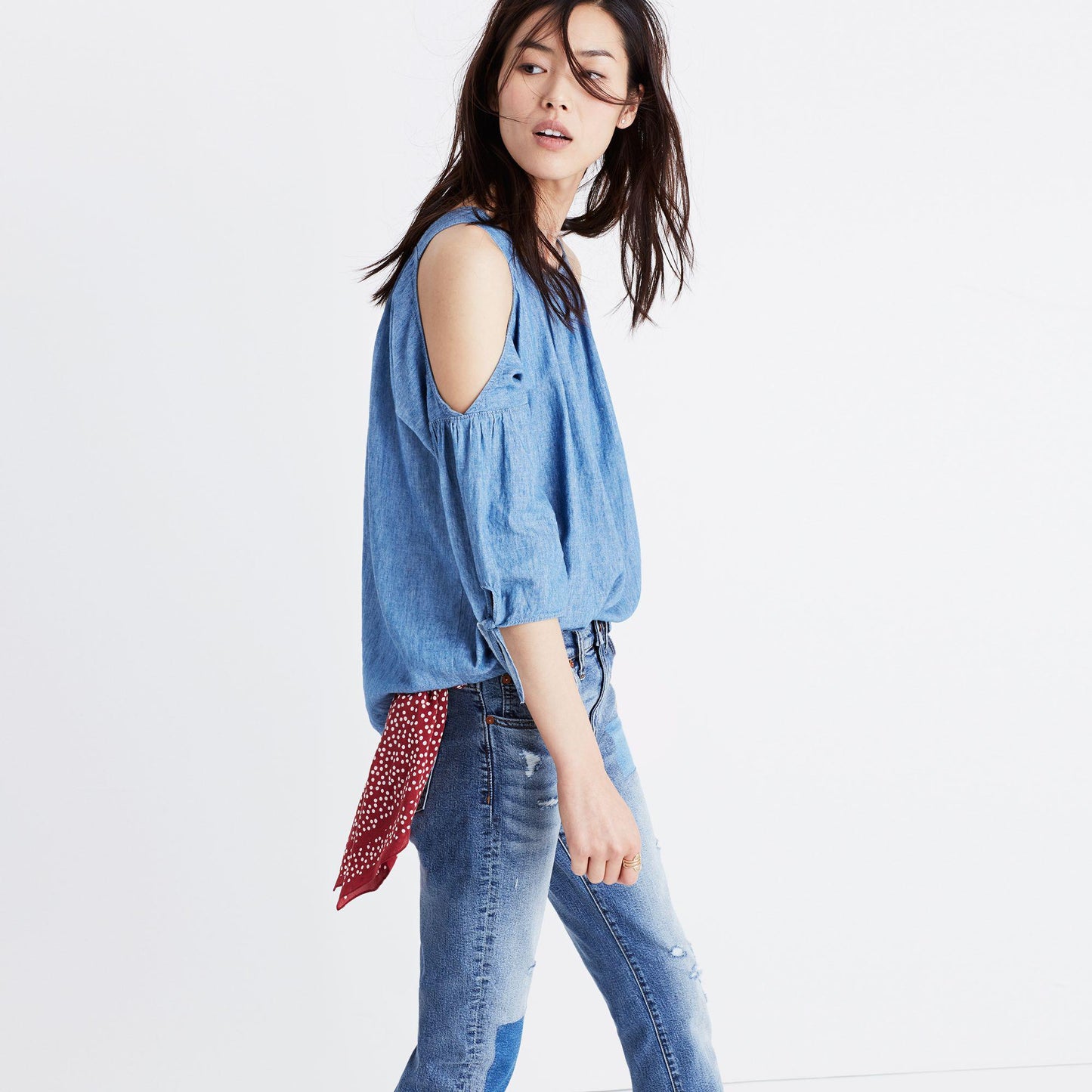 Madewell Cold Shoulder top with Tie Sleeves - size Medium