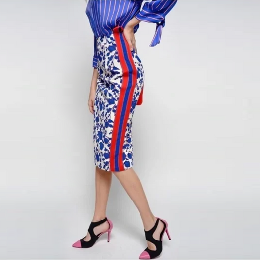 nwt pinko rapito blue red floral high rise pencil skirt - size 10