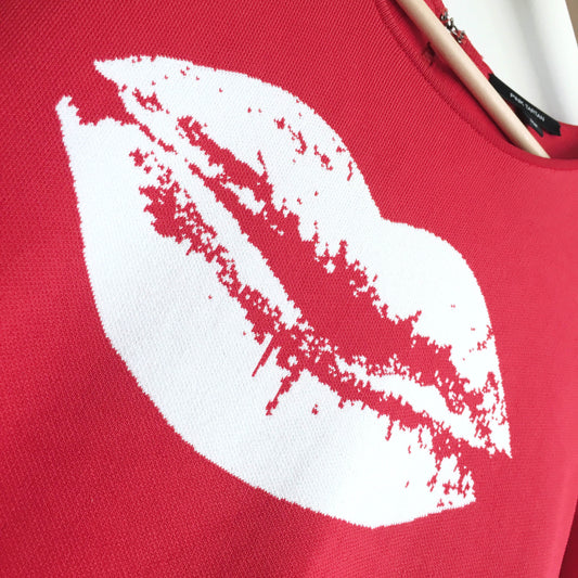 Pink Tartan big lips short sleeve knit - size Large