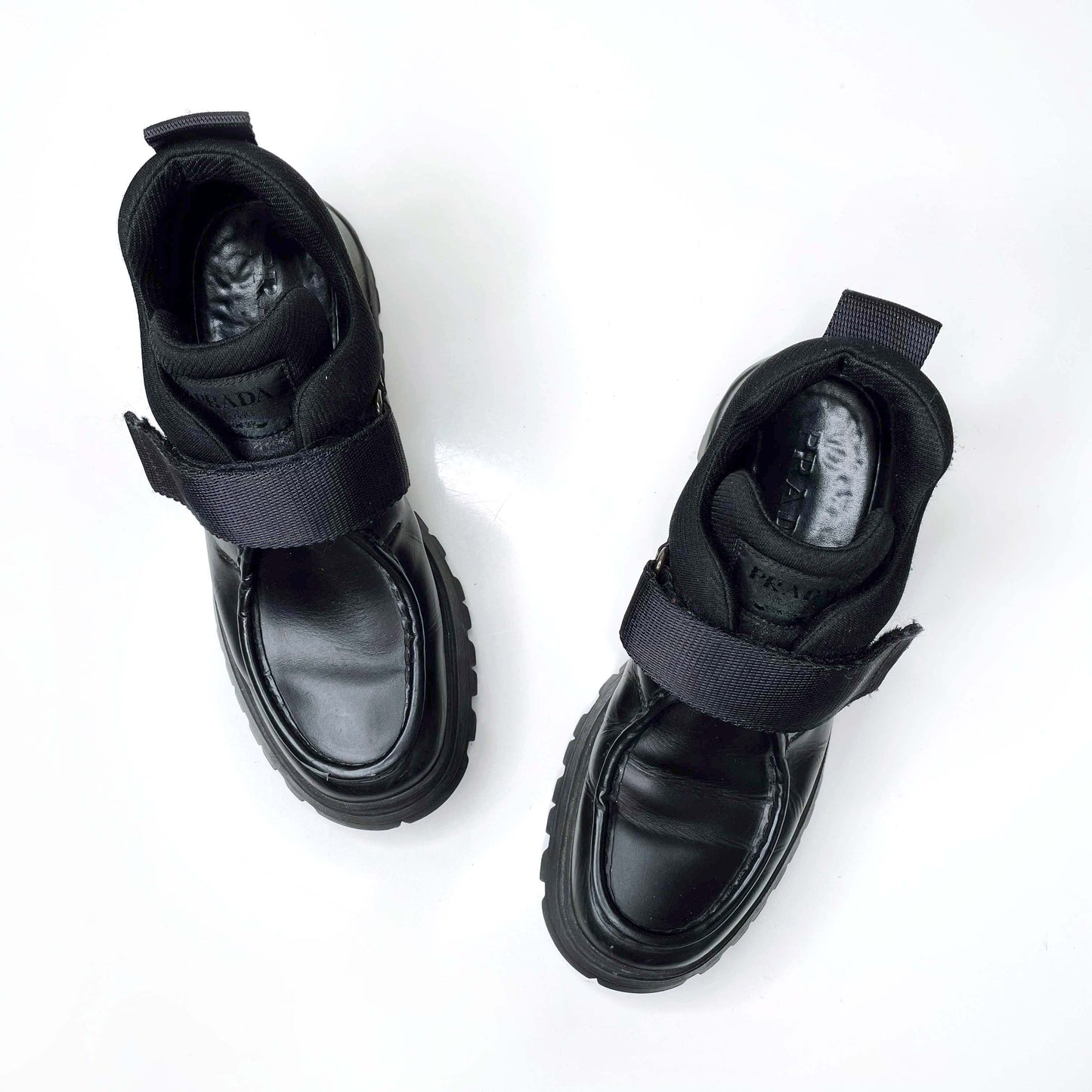 men's prada black leather velcro chunky derby shoes - size 38