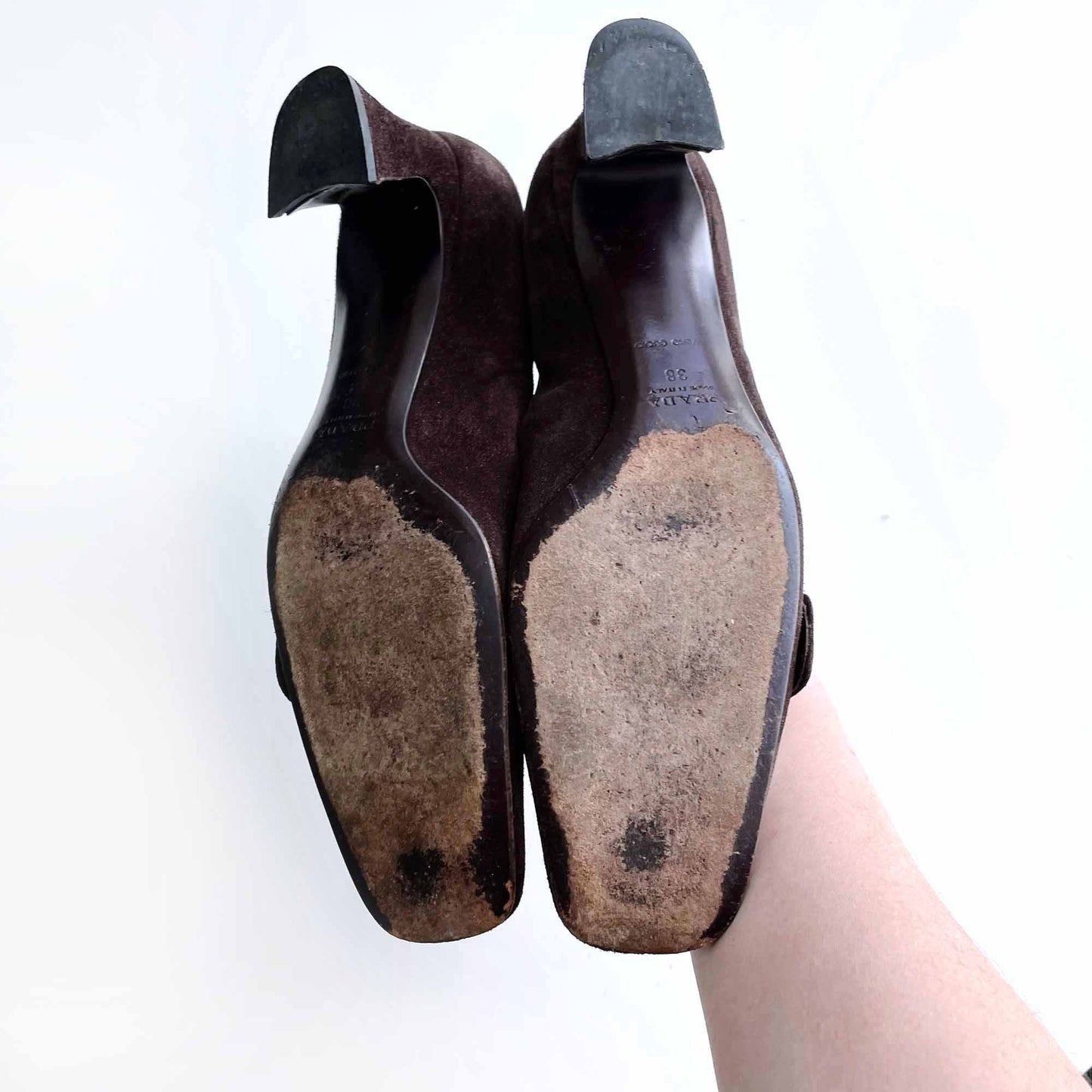 vintage y2k prada buckle square toe suede heels - size 38