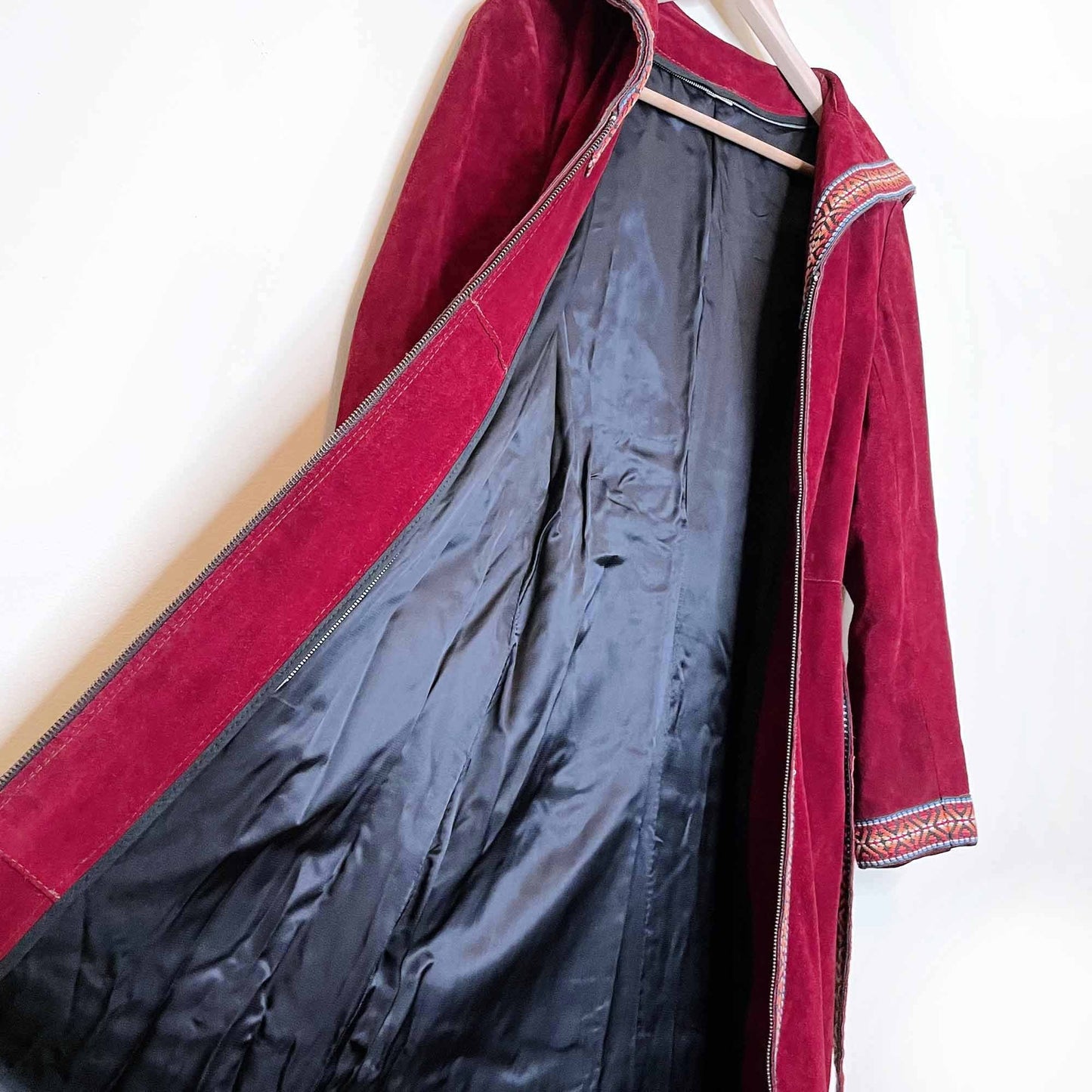 vintage 70's red suede long jacket with woven boho trim - size xs/sm