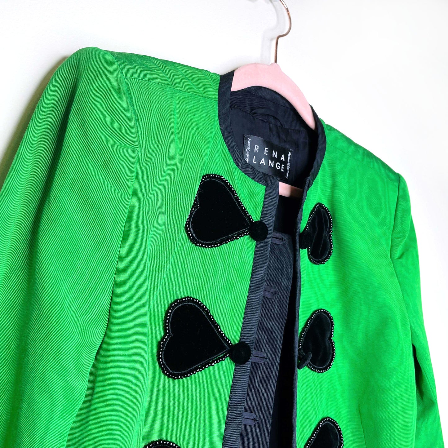 vintage rena lange green blazer with black velvet hearts - size 6