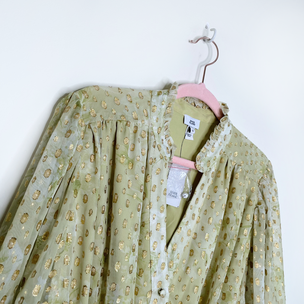 nwt river island green metallic garden party dress - size 12