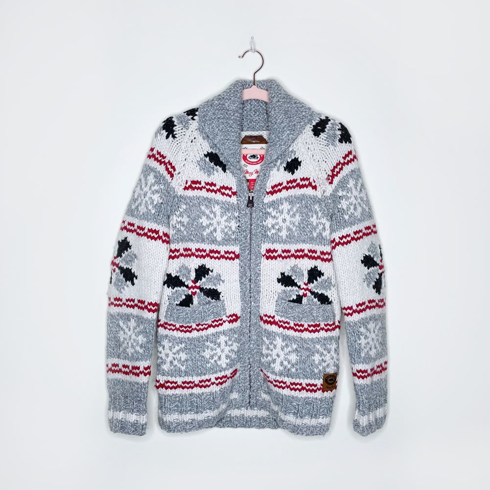 roots x mary maxim cowichan snowflake wool cardigan jacket - size