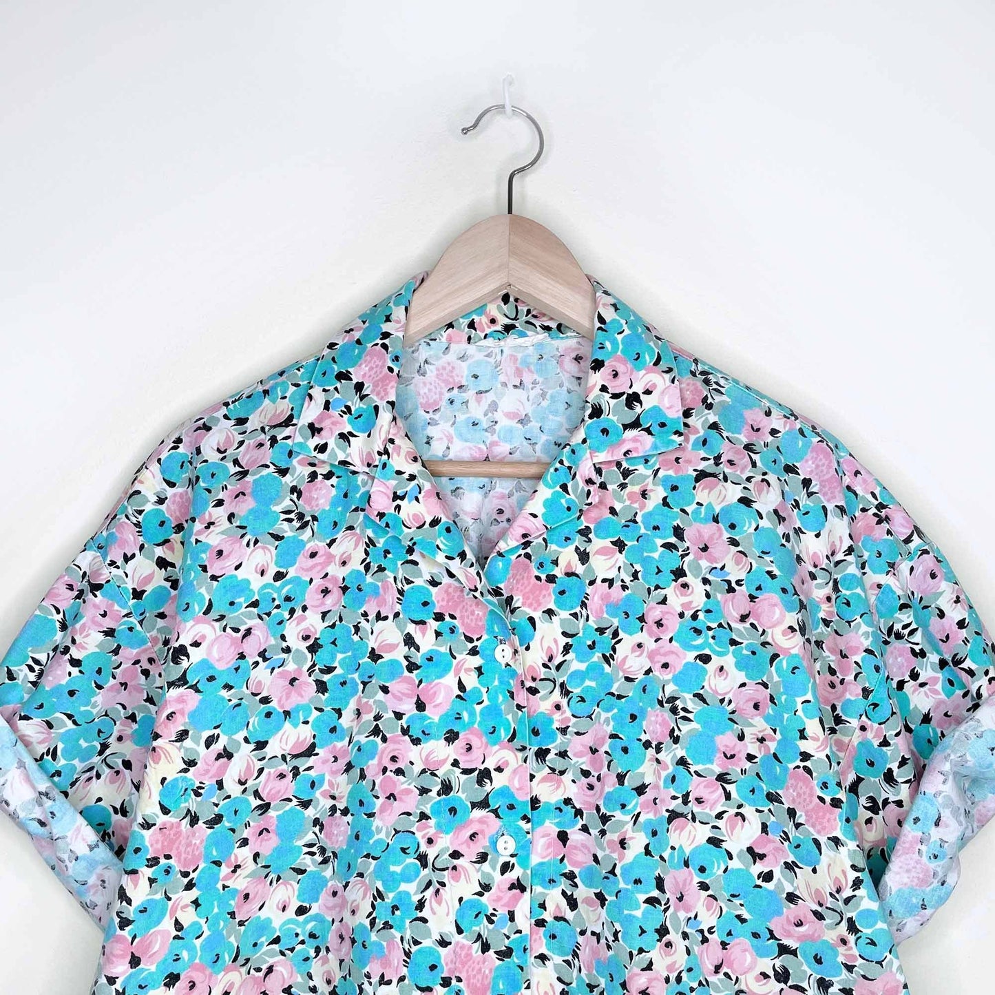 vintage floral rose garden cotton short sleeve button down - size large