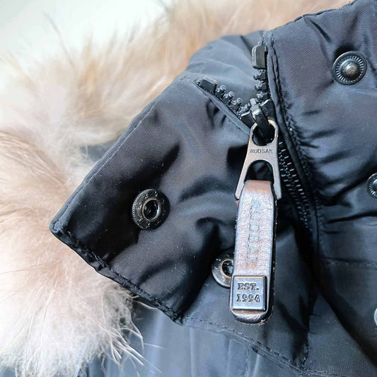 rudsak hooded down belted puffer jacket with fur - size large