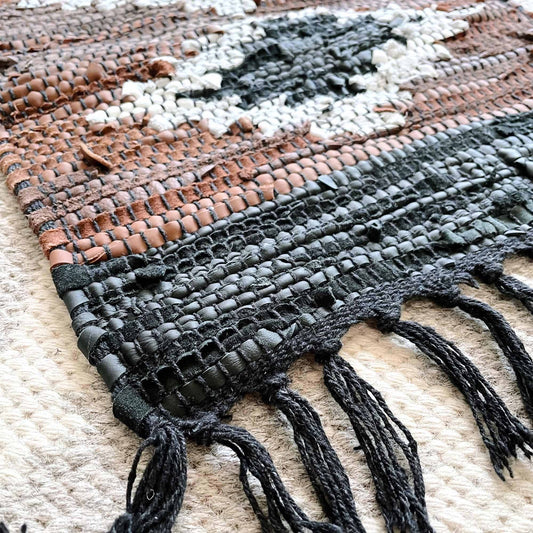 vintage hand woven boho moroccan leather rug