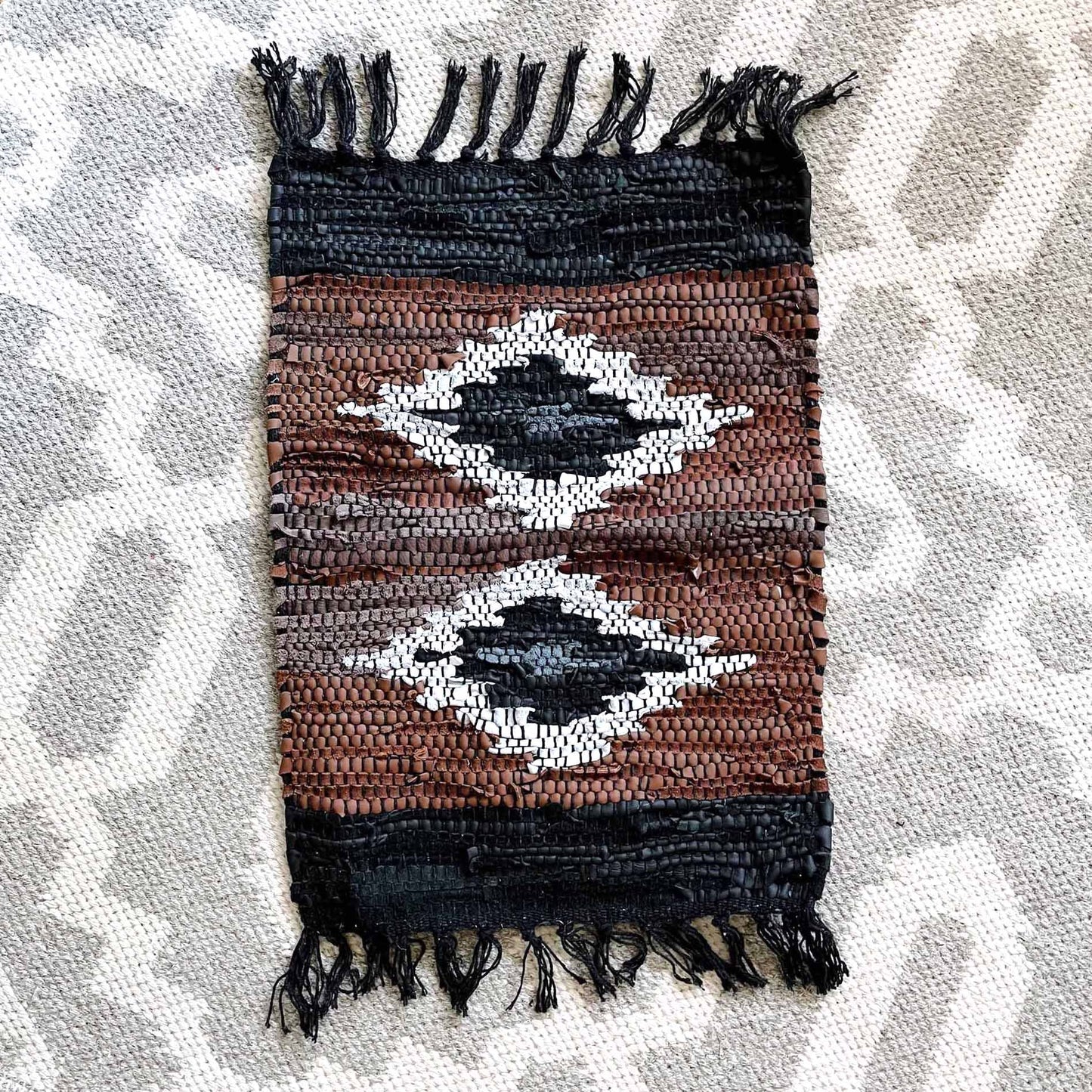 vintage hand woven boho moroccan leather rug