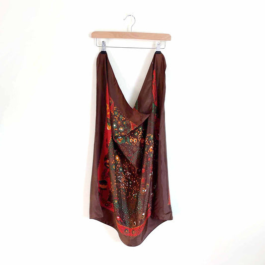 vintage 70's brown orange folk floral square hair neck scarf - 30"