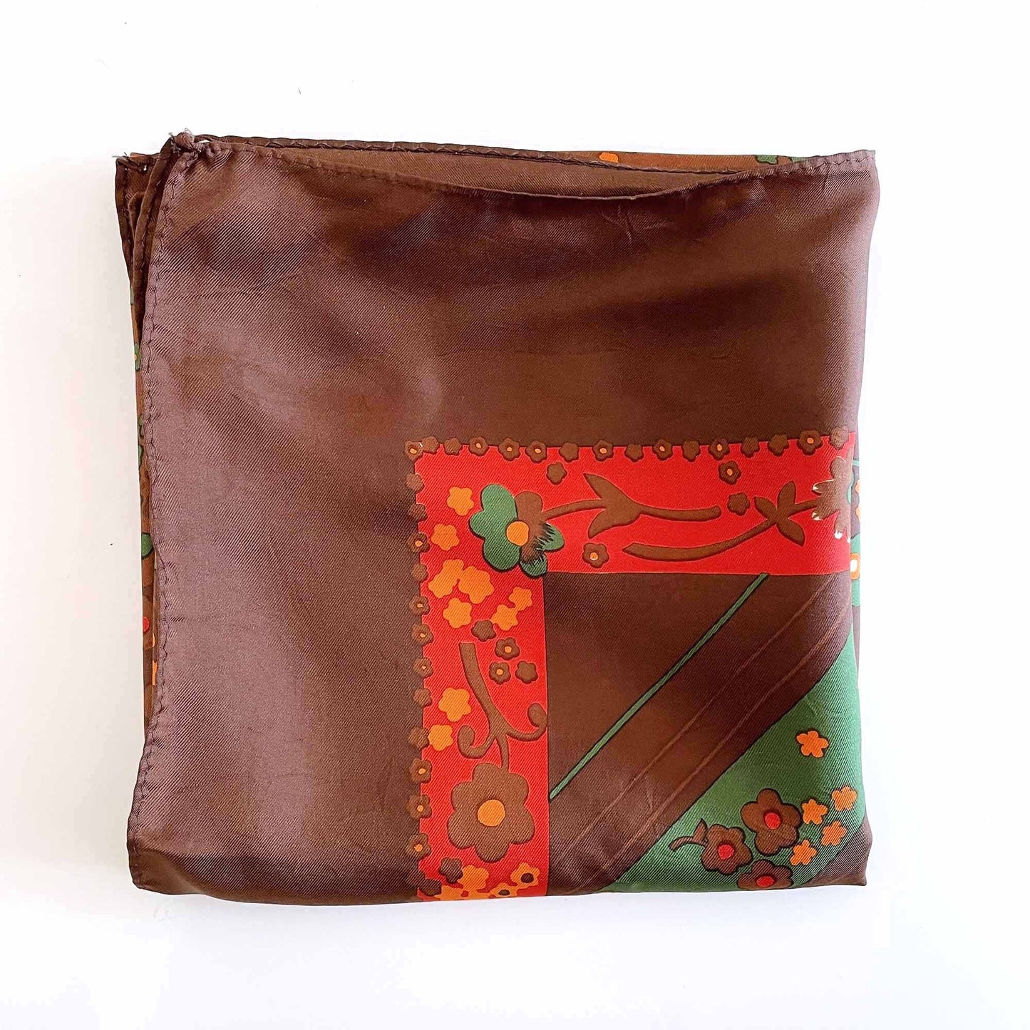 vintage 70's brown orange folk floral square hair neck scarf - 30"