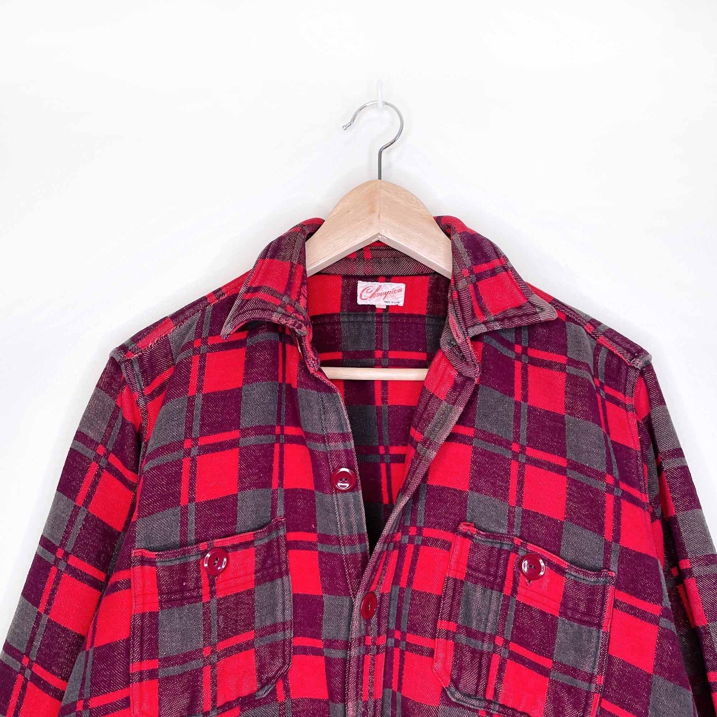 vintage 60's champion red buffalo plaid fleece shacket - size 16