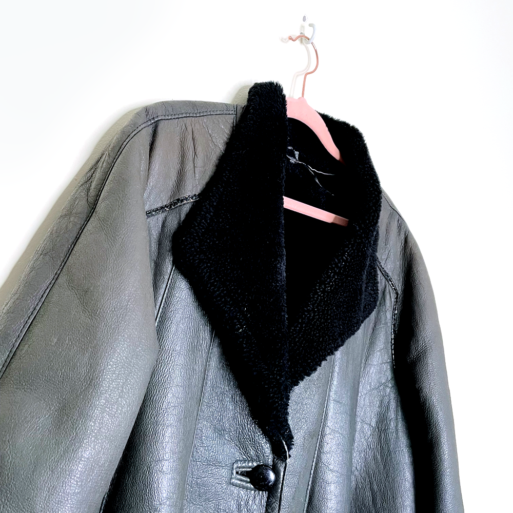 vintage 60s black a-line swing hem long sheepskin coat - size l/xl