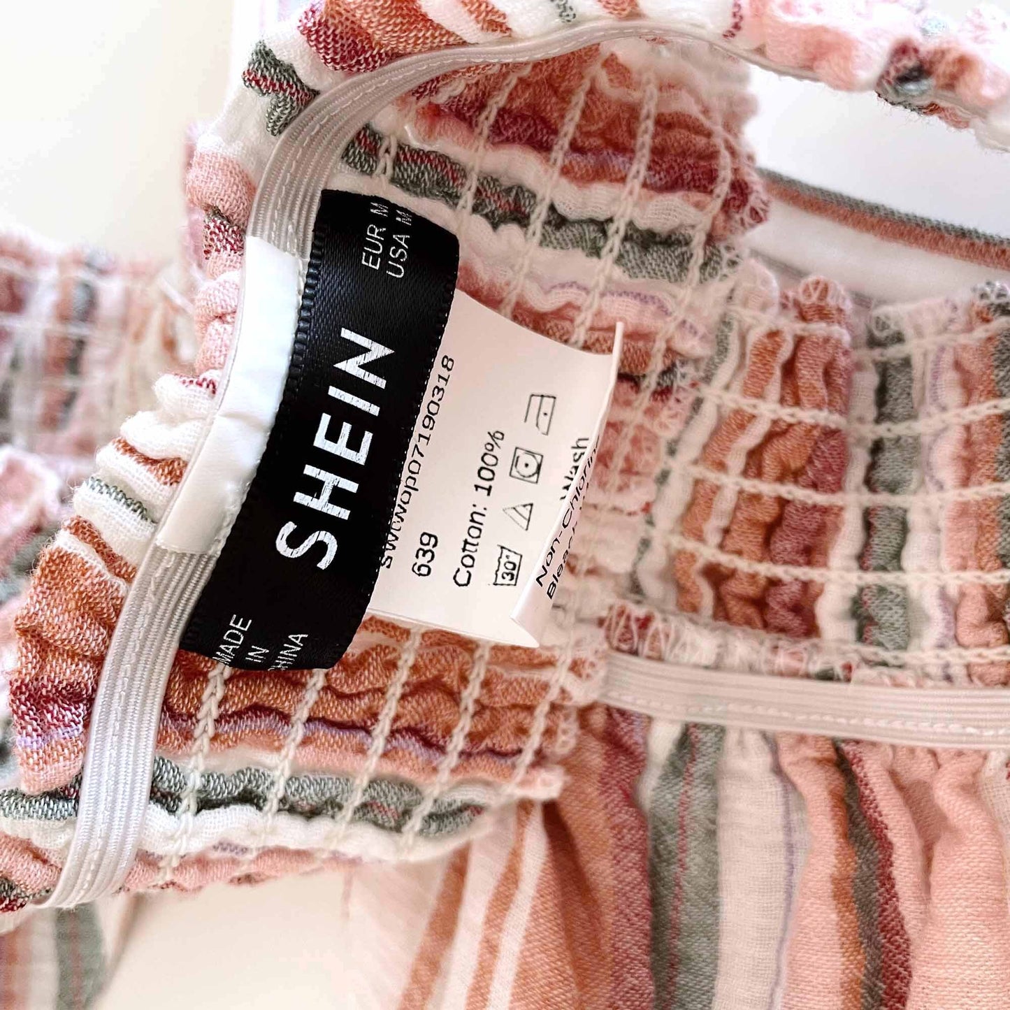 shein striped cotton halter tie-front smocked crop bra top - size Medium