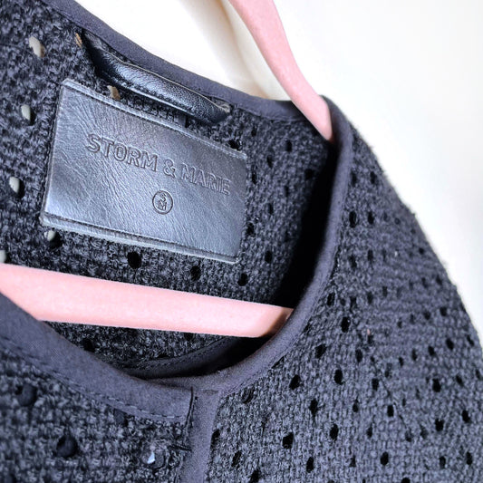 storm & marie black perforated long jacket - size 38