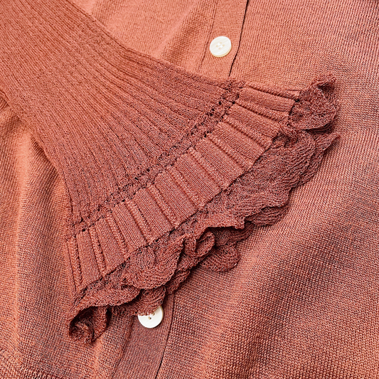 theory fine-knit wool cardigan with ribbed ruffle hem sleeves - size large