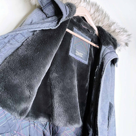 tna grey aspen winter parka with faux fur hood - size xxs