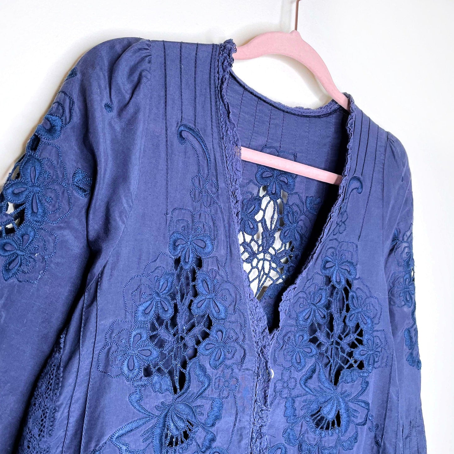 boho embroidered laser cut button down shirt - size xs