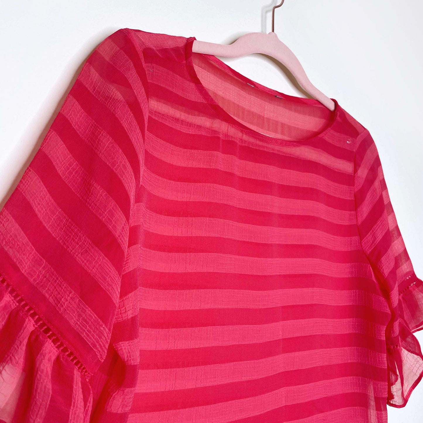 pink and red striped chiffon tee with ruffle sleeves - size small
