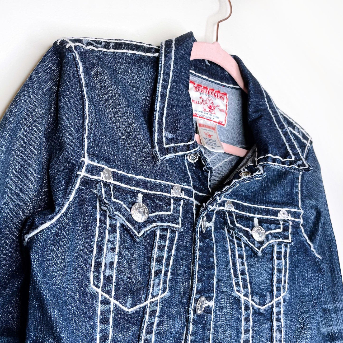 true religion emily super t contrast stitch jean jacket - size medium