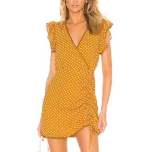tularosa huntington yellow polka dot ruffle mini dress - size medium