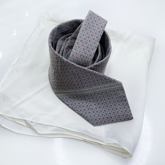 vintage ysl grey silk patterned tie and pocket square