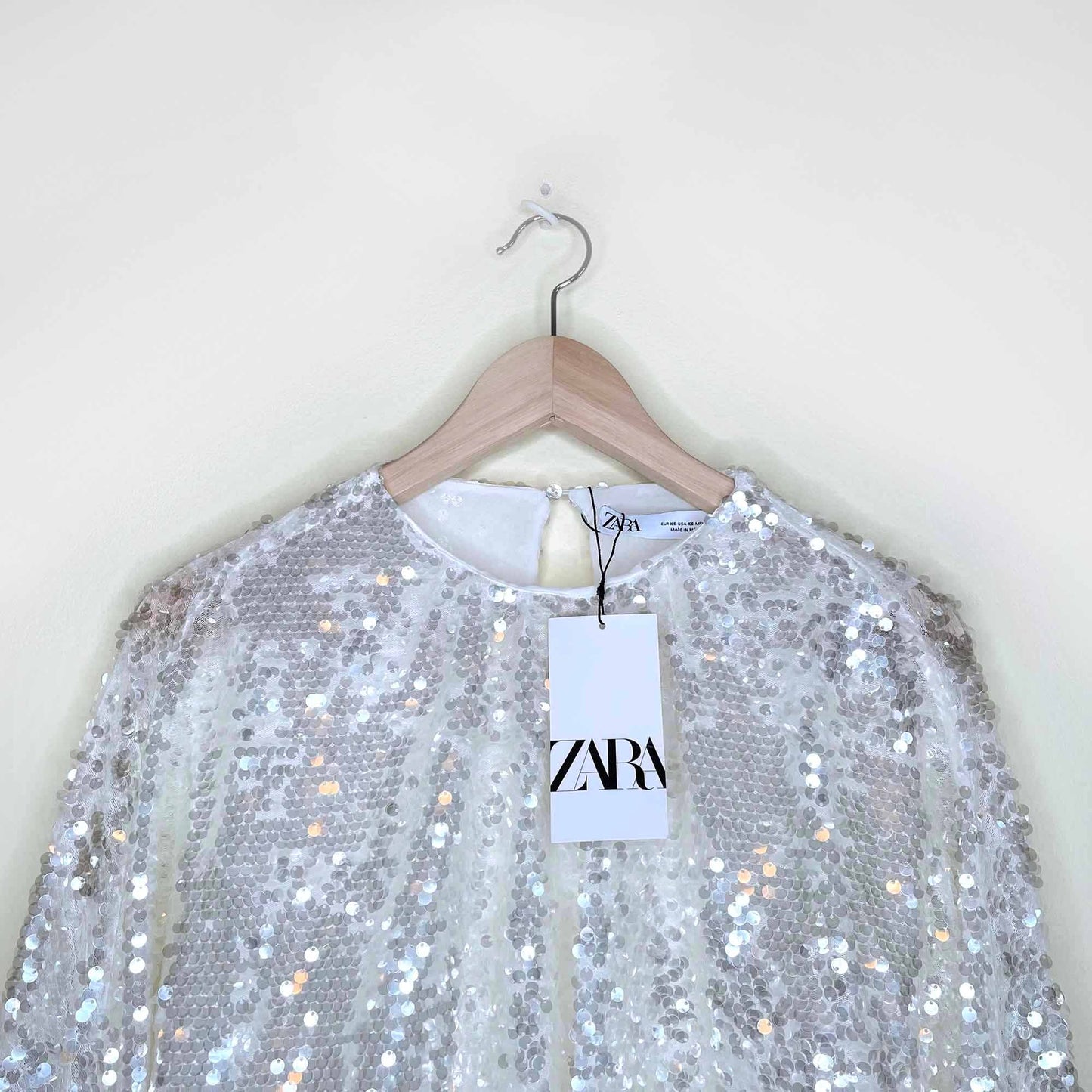 nwt zara white sequin oversized long sleeve blouse - size xs