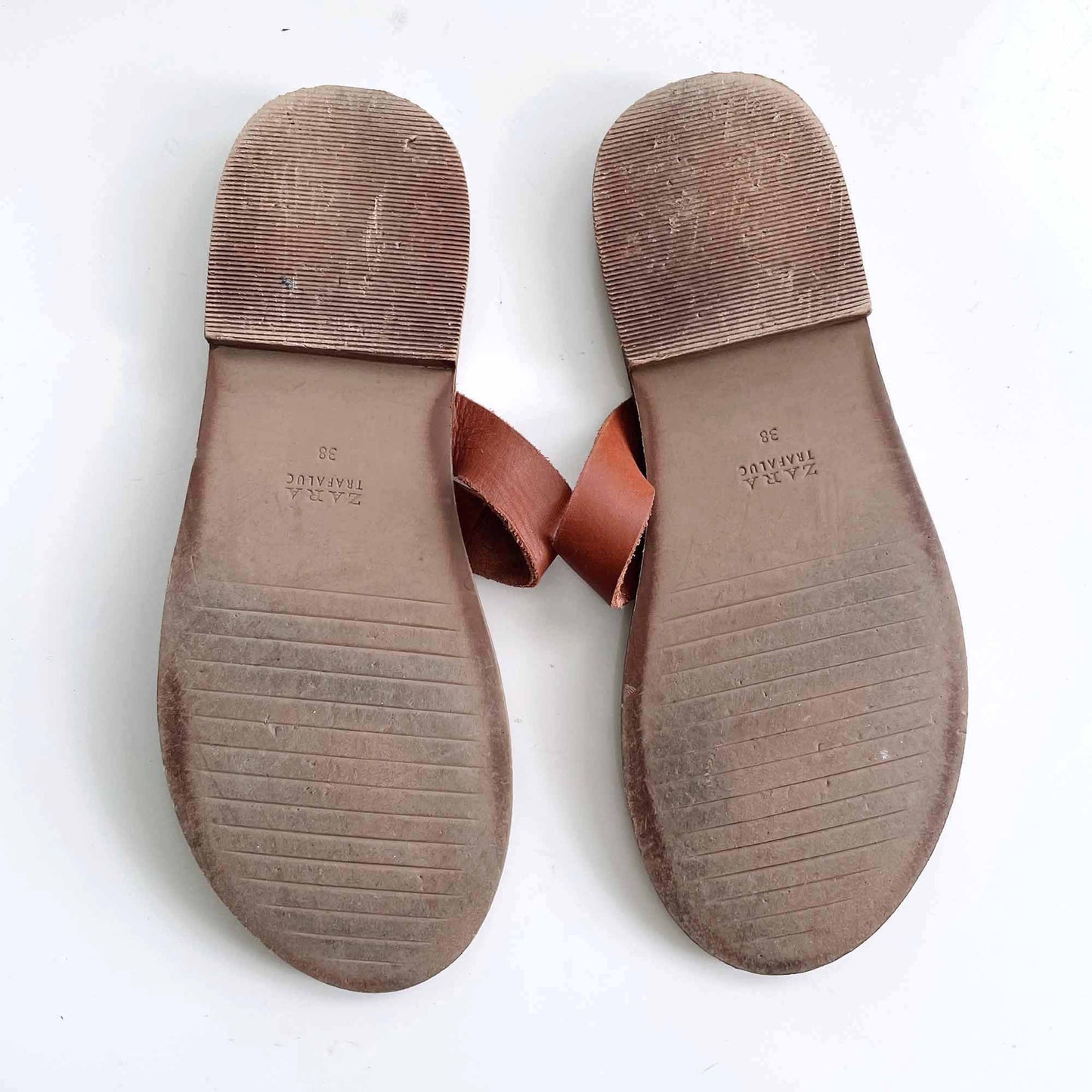 zara cognac leather studded thong sandals - size 38