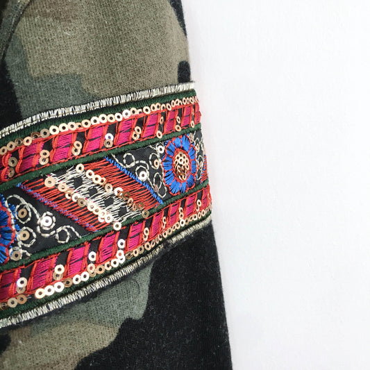 Zara Camo Hoodie with embellished sleeves - size Medium