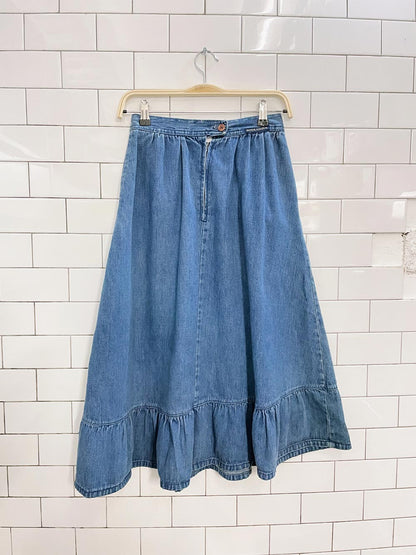 vintage nova nova ruffle hem denim midi skirt