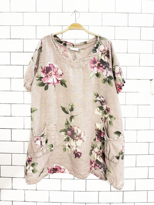 100% linen floral ruched pocket loose fit top | made in Italy - good market thrift store