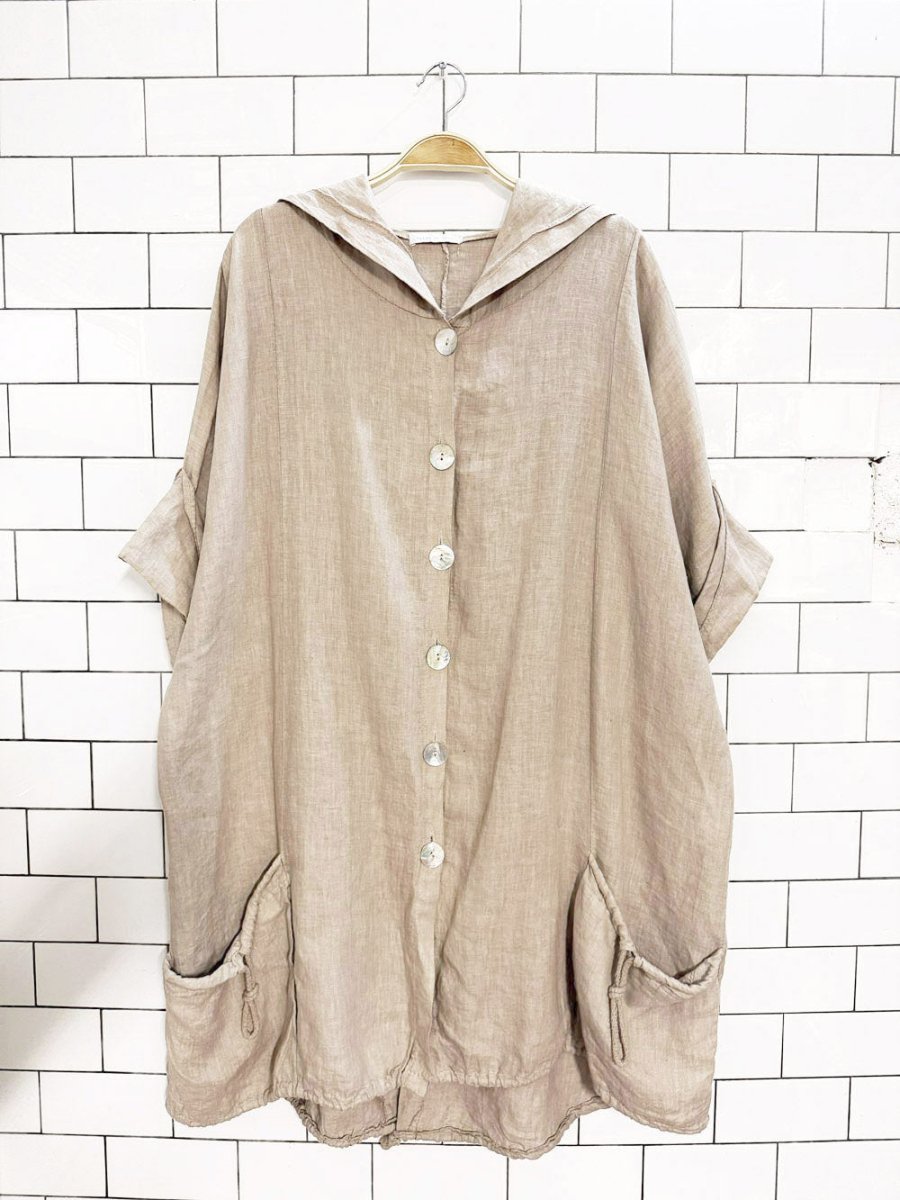 100% linen loose fit shell button drawstring pocket hooded shirt | made in Italy - good market thrift store