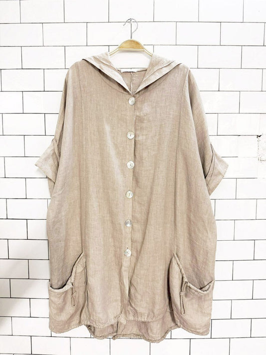 100% linen loose fit shell button drawstring pocket hooded shirt | made in Italy - good market thrift store