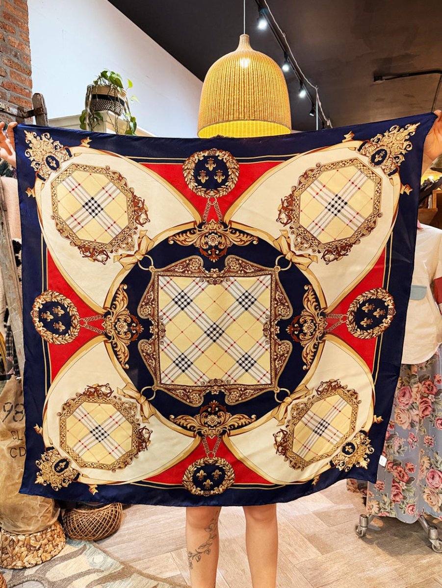 100% silk royal plaid xl square scarf | hand-rolled edge - good market thrift store