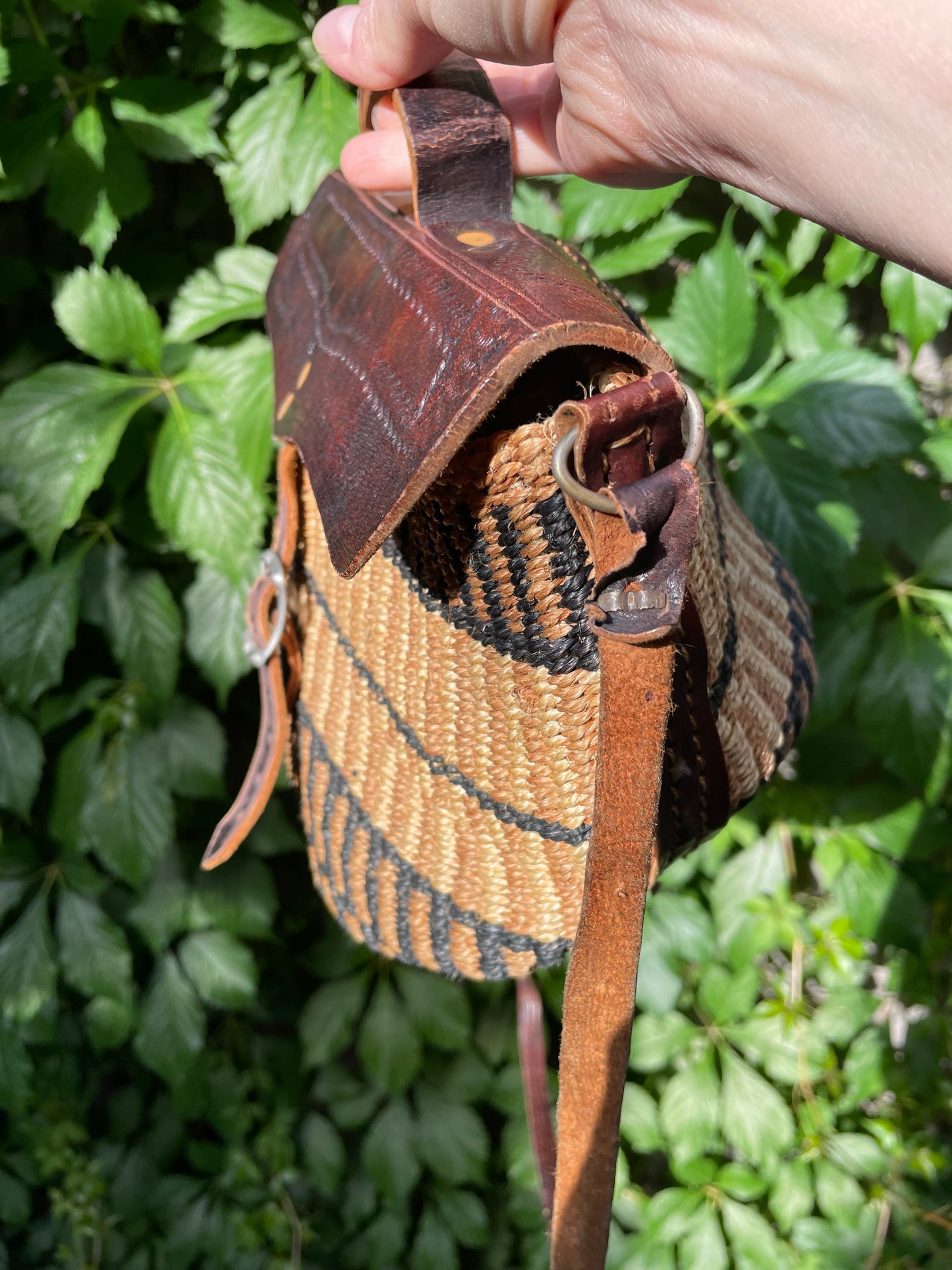 vintage tooled leather woven sisal bag