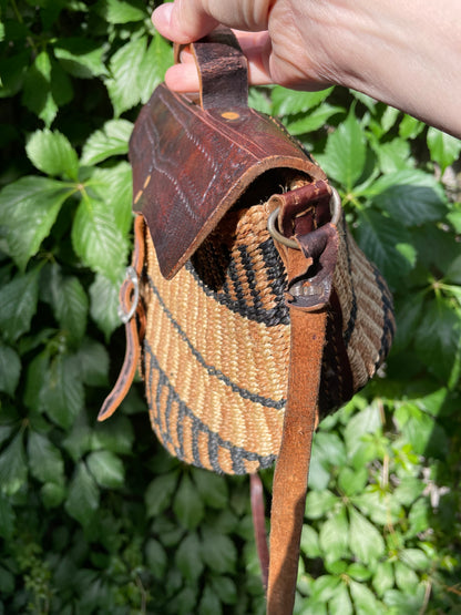 vintage tooled leather woven sisal bag