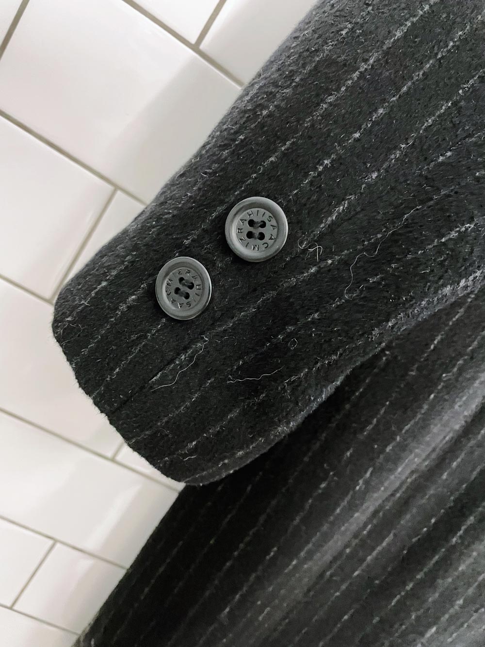 isaac mizrahi pinstripe wool-blend coat