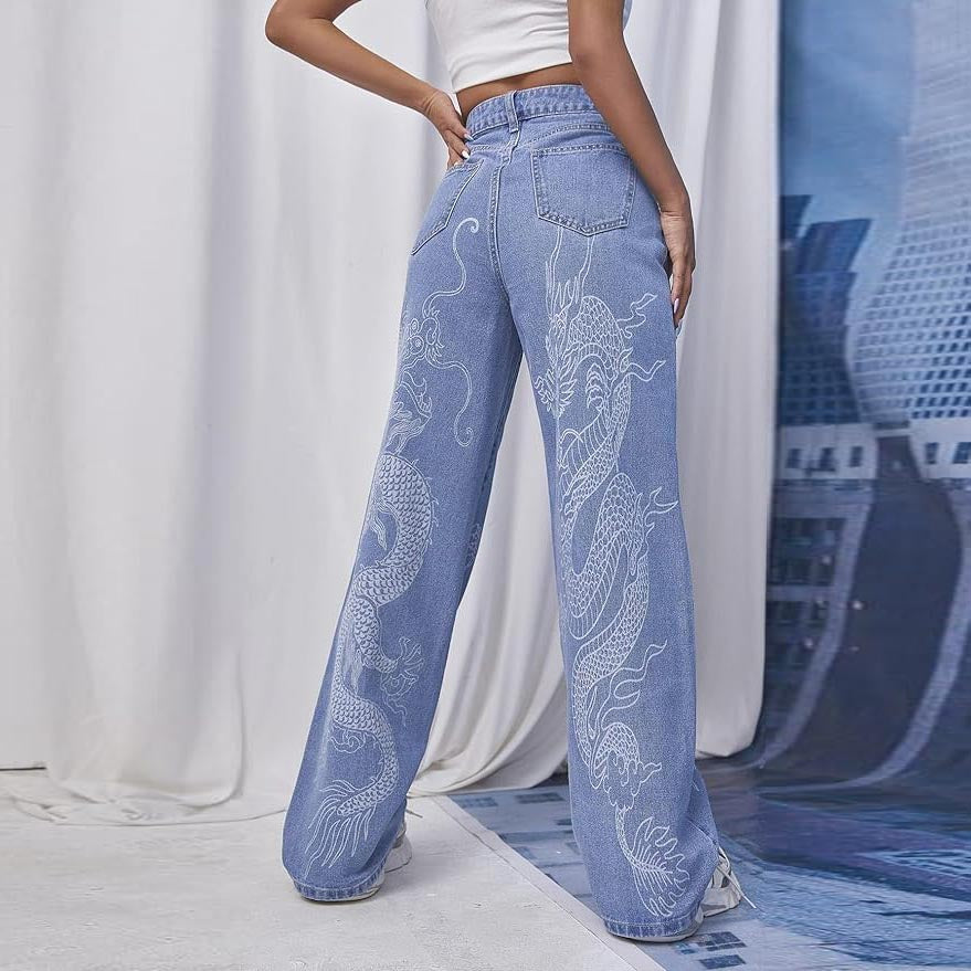 y2k dragon print wide leg jeans