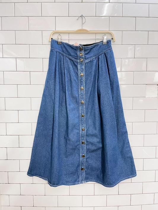 vintage linda lundstrom button denim midi skirt