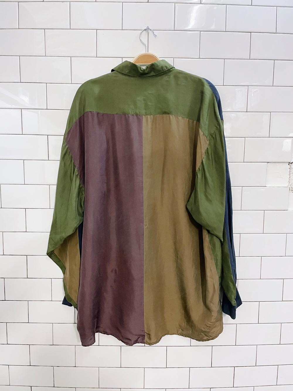 vintage aziz 100% silk colour block shirt