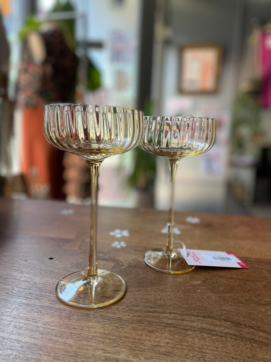 set of 2 ribbed amber coupe champagne glasses