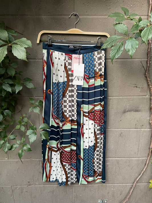 nwt zara patch scarf chain link midi skirt